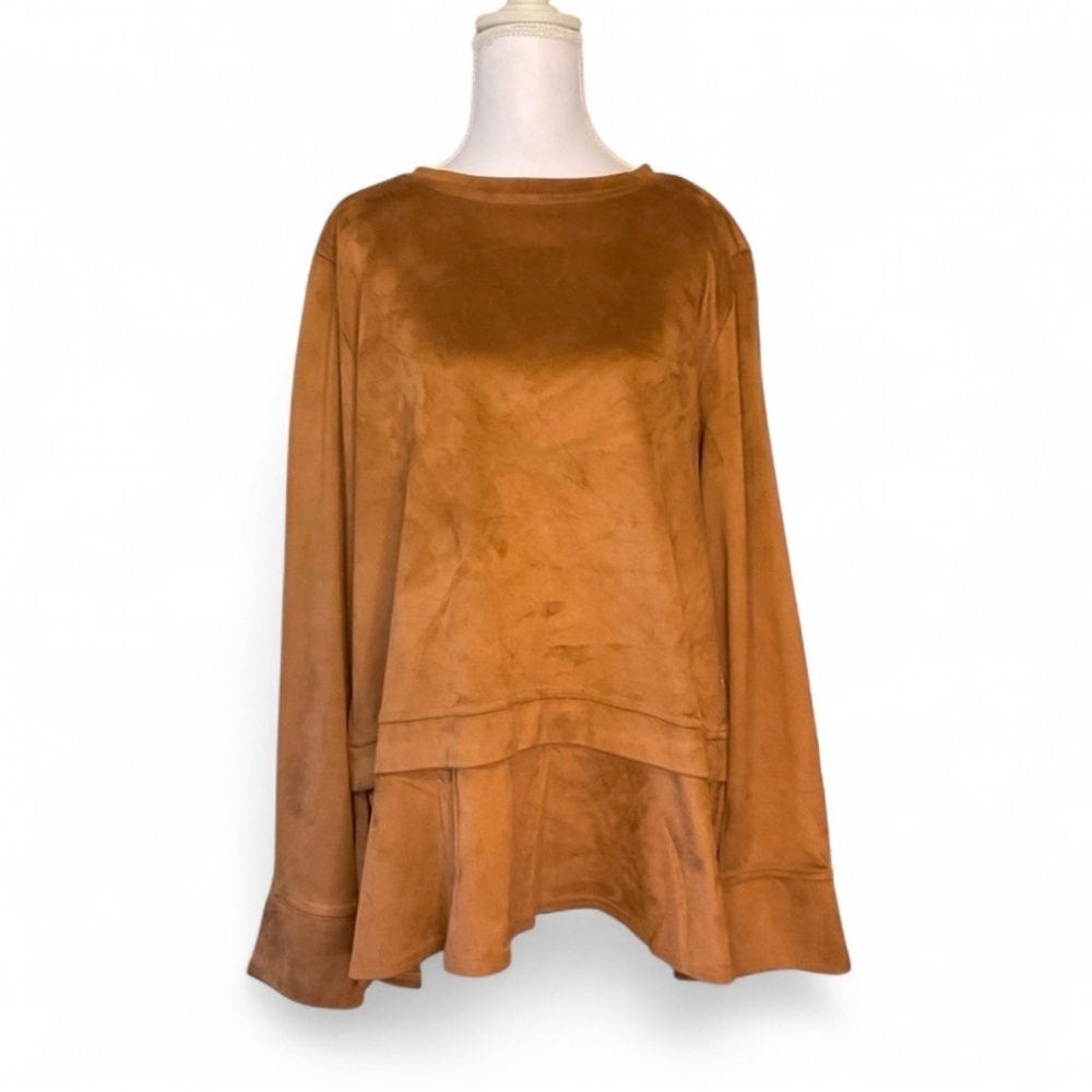 Mishca Faux Suede Peplum Hem Top Camel Brown Pullover Long Sleeve XL